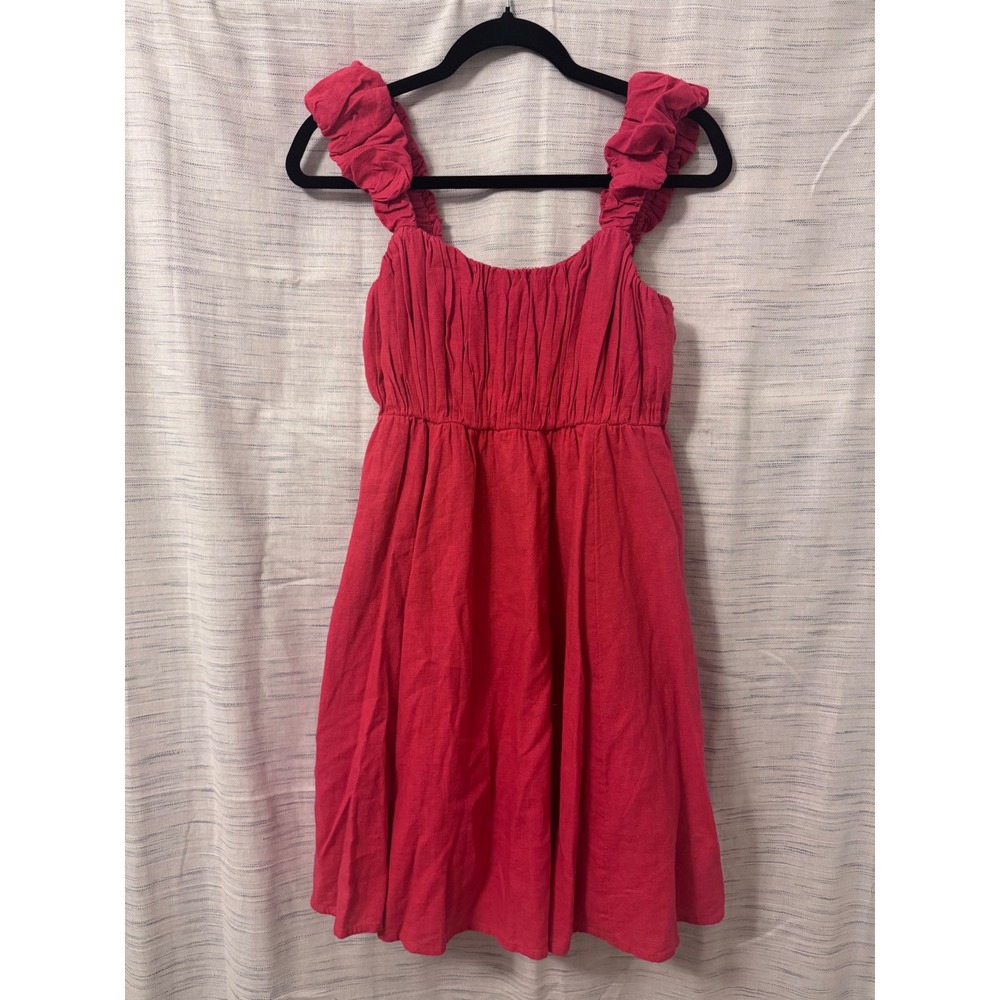 Abercrombie & Fitch Red Ruched Ruffle Strap Linen Blend Mini Dress Medium